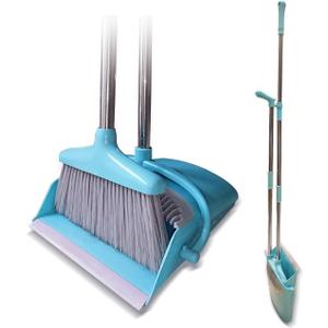 Broom and Dustpan Set Lightweight Upright Lobby Broom and Dust Pan Combo with Long Handle Outdoor Indoor for Home Kitchen Room Office (Blue)