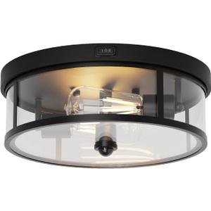 Outdoor Flush Mount Ceiling Light - 12.5in Motion Sensor Porch Light, 2-Light E26 Socket, Durable Iron & Clear Glass, Light Fixtures for Porch, Driveway, Covered Patio, Farmhouse
