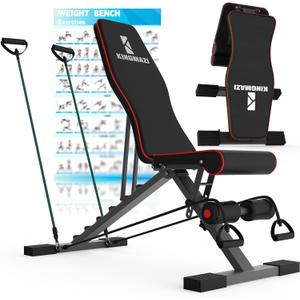 Adjustable Weight Bench, Exercise Workout Bench for Full Body Workout- Multi-Purpose Foldable Bench, Folding Dumbbells Bench with Resistance Band Set (black red)