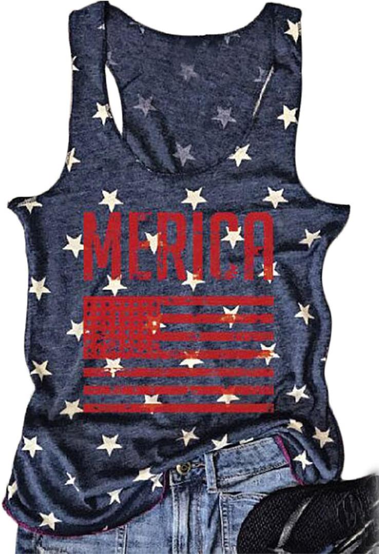 FAYALEQ American Flag Tank Tops Women USA Stars Stripes Sleeveless Vest 4th of July Patriotic Summer Tanks (Medium, Navy Blue)
