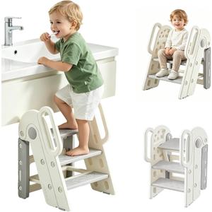 Foldable Toddler Step Stool for Bathroom Sink, Adjustable Kids 3 Step Stool | Toilet Potty Training Stools with Handles, Non-Slip, Child Plastic Ladder Learning Helper Stool for Kitchen Counter Bedroom