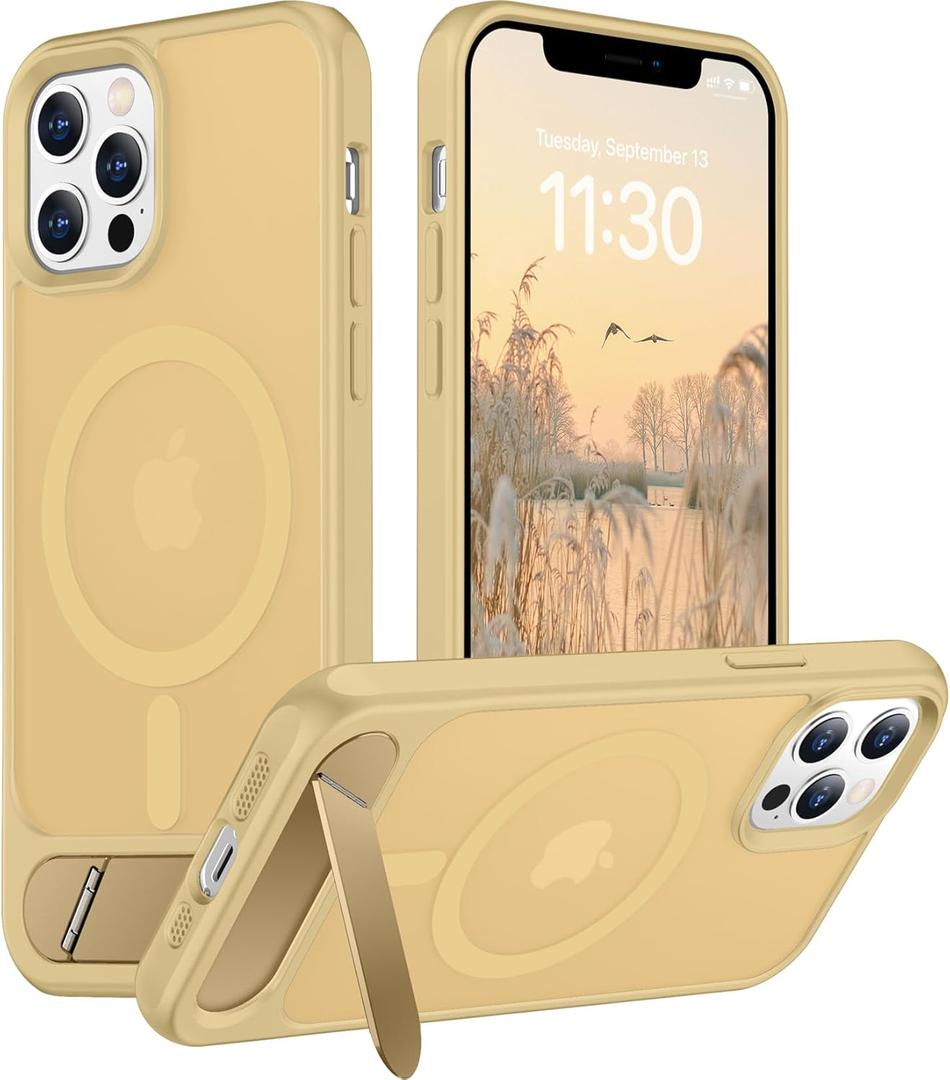 Temdan Magnetic Compatible with iPhone 12 Pro Max Case, [Built-in Invisible Kickstand][Compatible with MagSafe][Military Grade Shockproof] Slim Translucent Matte Phone Case for iPhone 12 Pro Max 6.7" Light Brown
