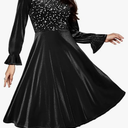 Bbonlinedress Velvet Sequin Cocktail Long Sleeve Dress for Women Velvet Vintage Wedding Guest Midi Dress (Large, Black)