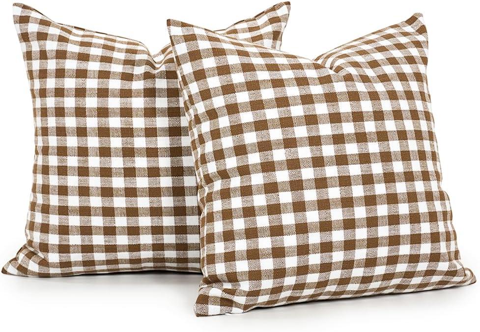 Farmhouse Brown and White Gingham Plaid Pillow Covers 18x18 inch Set Of 2, Brown Checkered Cushion Covers For Outdoor Furniture, Outdoor Buffalo Plaid Decorative Throw Pillows (No Pillow Inserts)