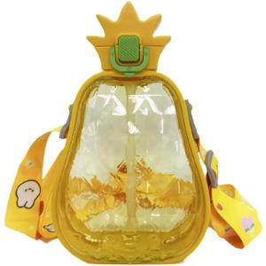 Cute Pineapple Plastic Water Bottle with Straw,600 ML Pineapple Shape Juice Cup with Adjustable Shoulder Strap,BPA Free Leakproof Drinking Bottle for Travel Outdoor Sports (Yellow)