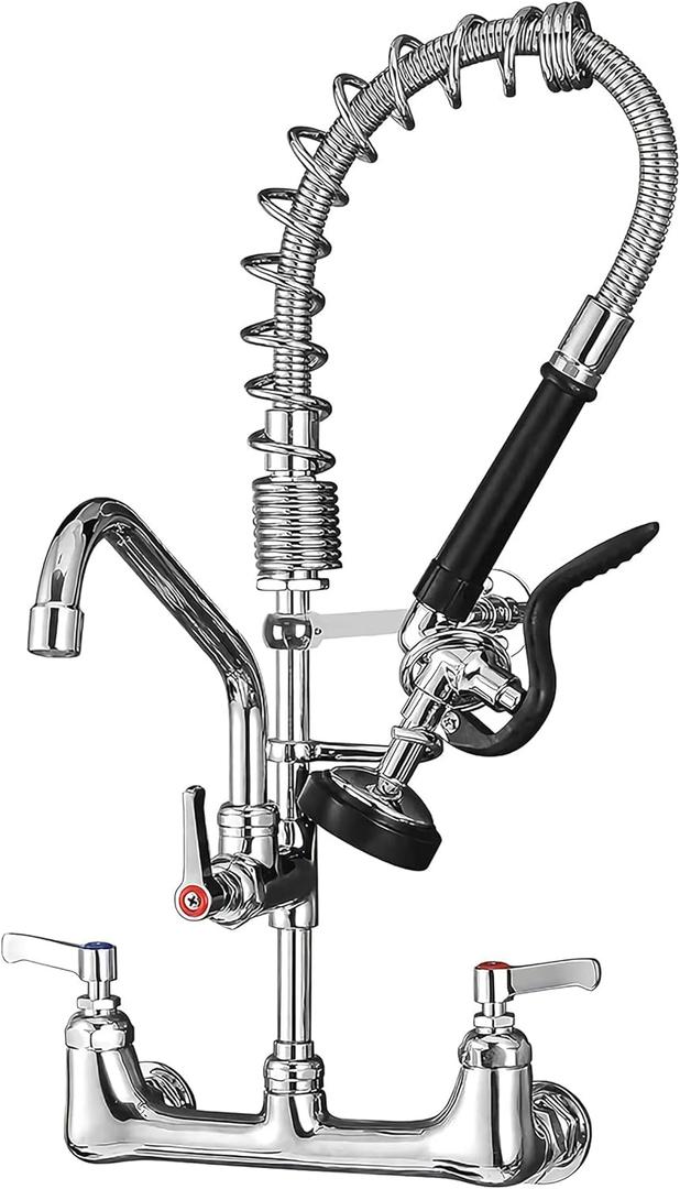 Commercial Faucet with Sprayer 21" Height 8" Center Wall Mount Kitchen Sink Faucet Brass Constructed Polished Chrome Pre-Rinse Device with Spring and 8" Add-on Spout