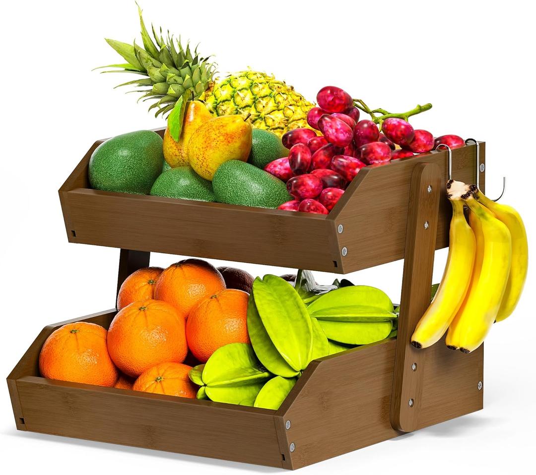 Bamboo Fruit Basket for Kitchen 2 Tier Fruit Bowl For Kitchen Counter, Large Fruit Holder With 2 Banana Hangers, Idea For Fruit and Vegetable Storage, Bread Basket, Snack Organizer (WALNUT)