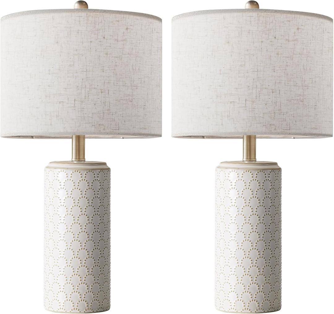 Ceramic Table Lamp Set of 2, 23 Inch Modern Farmhouse Dimmable Bedside Lamps with Linen Shade for Bedroom, White Nightstand Lamp for Living Room End Table, LED Bulb Included