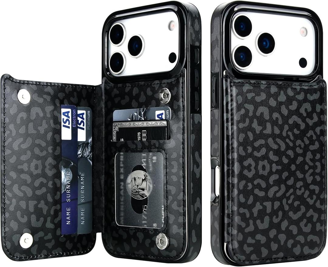 HAOPINSH Wallet Case with Card Holder for iPhone 17 Pro Max, Black Leopard Cheetah Pattern Back Flip Folio PU Leather Kickstand Card Slots Case for Women Girls Shockproof 6.9"