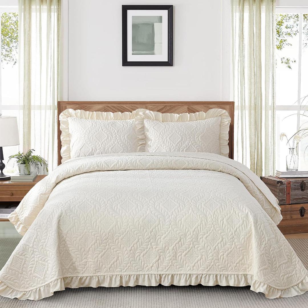 DJY California King Quilt Bedding Set, Beige Lightweight Soft Bedspread Coverlet, Basket Weave Quilted Blanket Thin Quilt Bed Cover for All Season - 3 Piece (1 Quilt, 2 Pillow Shams)