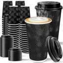 100 Pack 16 oz Disposable Coffee Cups with Lids, To Go Coffee Cups for Hot Drinks, Coffee, Hot Chocolate and Cocoa, Ripple Wall Insulated Cups for Office, Black