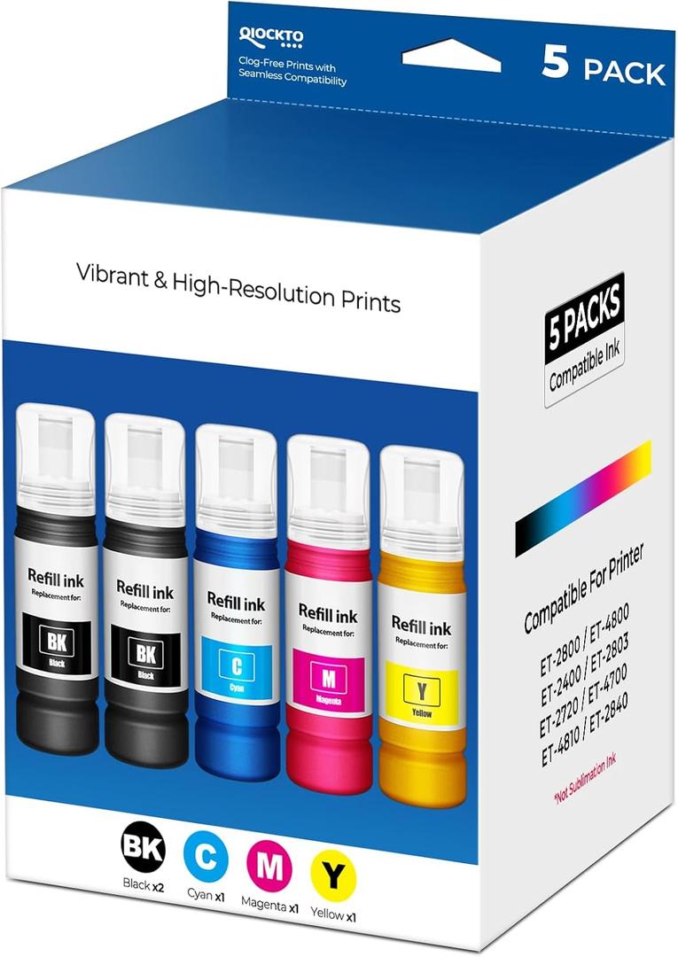 Compatible for EPT522 Ink Refill Bottles Replacement for ET-2800 ET-2400 ET-4800 ET-2803 EPT522 Ink Refill for Eco tank ET2800 ET2400 ET4800 ET2803 ET-2720 ET-4700 ET-4810 ET-2840 Printer, 5 Pack (2 Black,1 Cyan,1 Magenta,1 Yellow)
