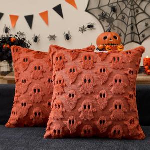 Halloween Decorations Pillow Covers 18x18 inch Set of 2 Rust Ghost Throw Pillow Cases Soft Plush Faux Fur Wool Decorative Cushion Case for Sofa Couch Bed Chair Living Room Home Decor