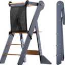 COSYLAND Foldable Toddler Standing Tower - Adjustable Height Folding Step Stool Kids Toddler Kitchen Stool for Learning and Cooking - Ages 18 Months to 6 Years with Safety Net Natural & Grey