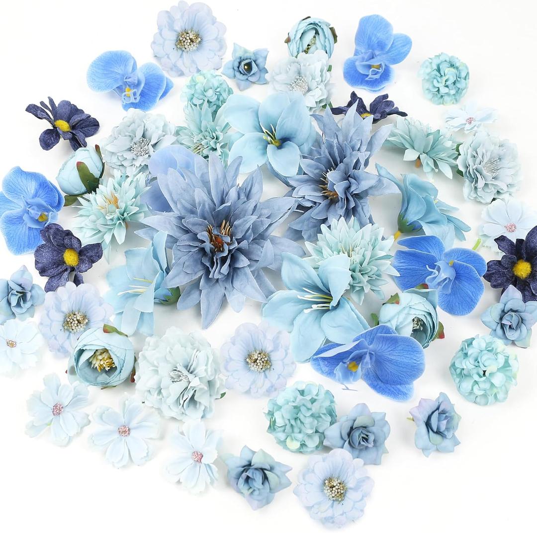LACGO 48 PCS Fake Flowers Heads - Artificial Flower Heads Bulk Silk Faux Flower for Crafts Cake Blossom Wreath Garland Bouquets for Crafts Wedding Bridal Party Baby Shower Home Decoration(Blue)