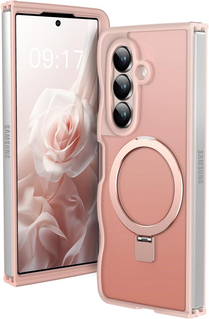 [Magnetic Stand & Wave Frame] Case for Samsung Galaxy Z Fold 7 [Fit for MagSafe] [Military Drop Protective] Not Yellowing Translucent Z Fold 7 Phone Ring Cover for Women Men 8" Pink