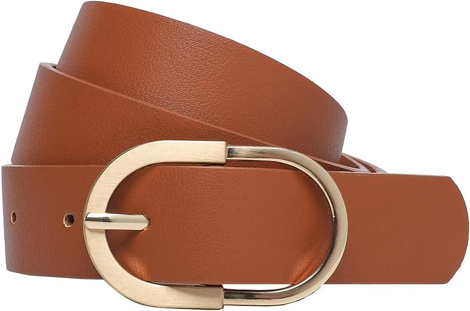 Womens Leather Waist Belts for Jeans Pants with Gold Buckle (Brown, L)