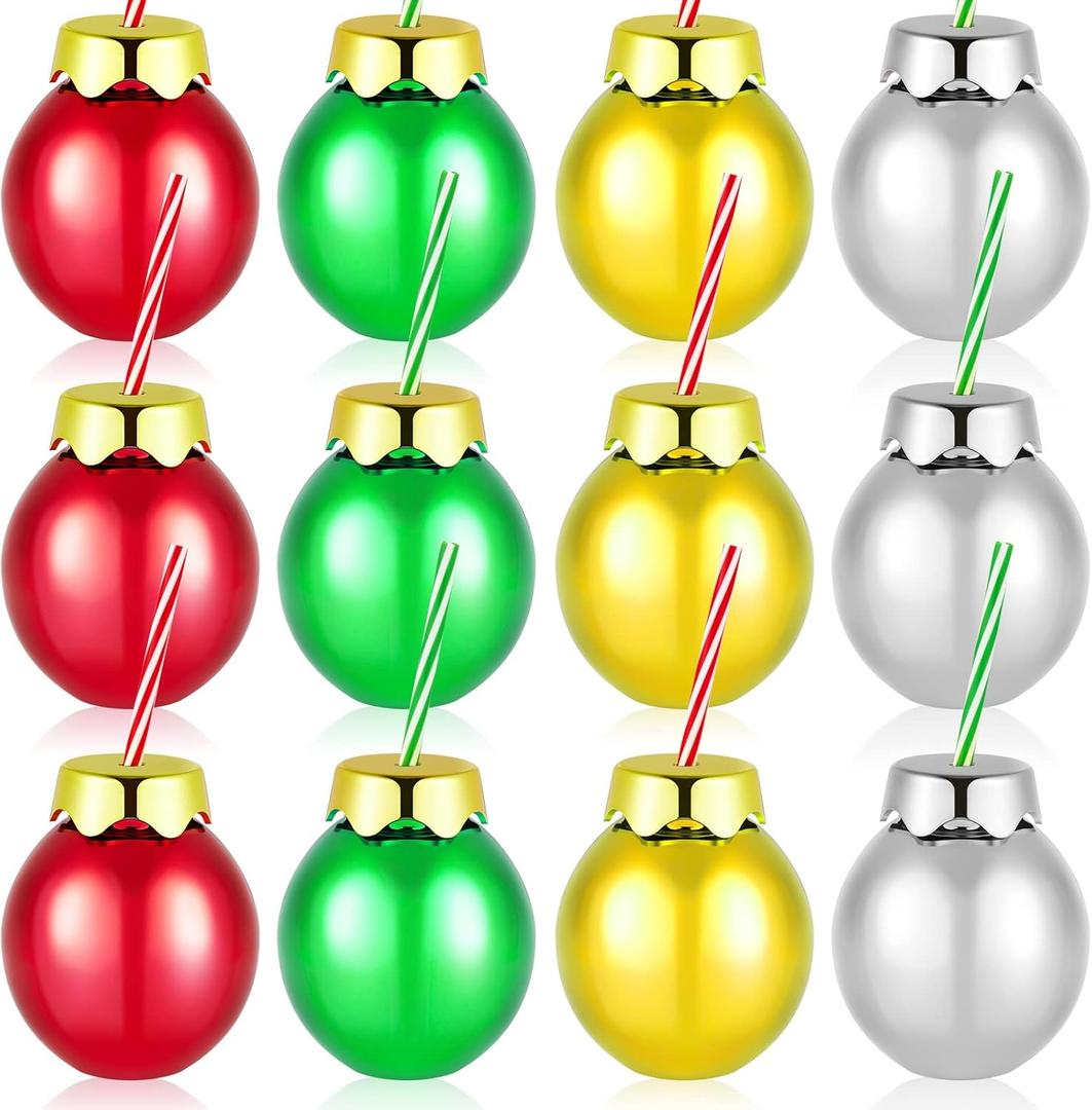 Suclain 12 Pcs Christmas Plastic Balls Cups with Lids and Straws 12oz Glittering Christmas Ornament Cups Red Green Ball Shaped Drinking Balls for Xmas Party Decoration (Gold,Green,Red,Silver)