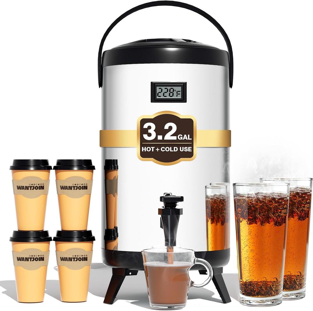 WantJoin Insulated Beverage Dispenser - 1-pack Thermal Hot and Cold Drink Dispenser with Spigot, Stainless Steel Premium 12 L/3.2 Gallon for Coffee & Hot tea,Cold Milk,Water,Juice (Silver) (EXP 02/04/26)