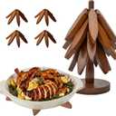 Wooden Trivets for Hot Dishes  Tree Trivet Set with 4 Foldable Wooden Trivets & 1 Stand, Heat-Resistant, Space-Saving Trivet Tree for Pots, Bowls & Teapots (Walnut)