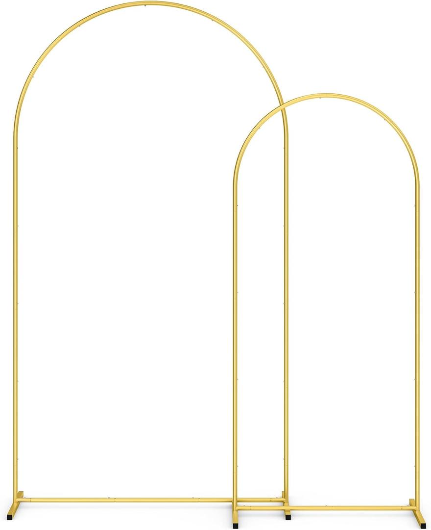 Pureegg Metal Arch Backdrop Stand Set - Set of 2 (7.3ft/6.2ft), Gold Wedding Stand with Stable Base, Elegant Backdrop Cover for Party, Birthday, Baby Shower, Graduation, Easy to Assemble