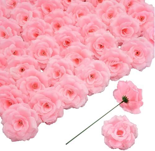 Rose Artificial Flowers, 18 Pcs Pink Roses Head Flowers Bulk with Stem