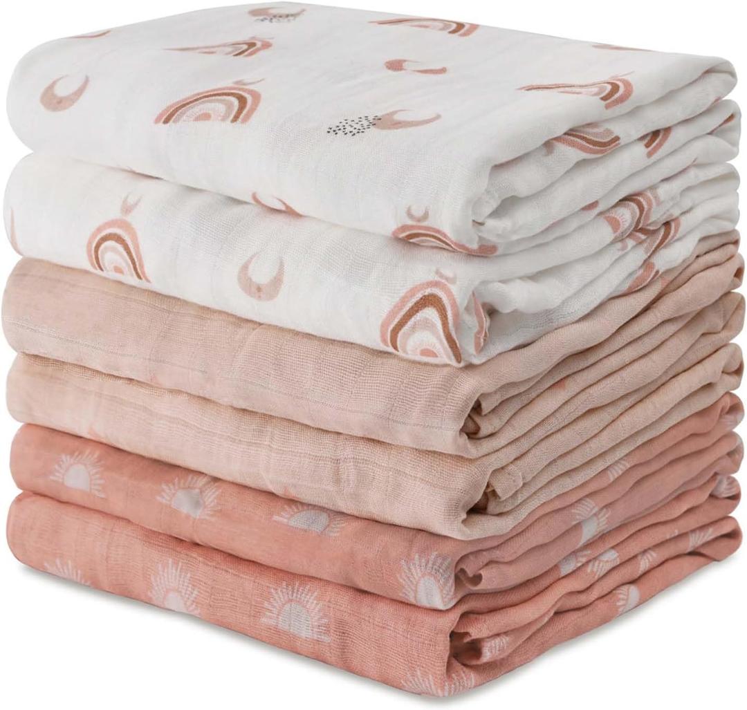GLLQUEN BABY Receiving Blanket Boy Cotton Muslin Swaddle Blankets Girl Newborn Squares Breathable & Soft Thin Baby Blankets Cloths Double Absorbent Infant Swaddling Wrap - 6 Pack (Sun) 22x27"