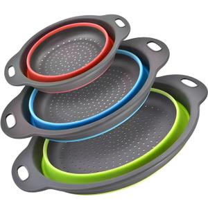 Silicone Colander Collapsible Strainers Set for Kitchen- 3 Pack (3Qt, 4Qt,5Qt) -Over Home Draining Basket, Food Vegetables & Fruits-Dishwasher Safe, BPA Free Space Saving Design (Green,Blue,Red)