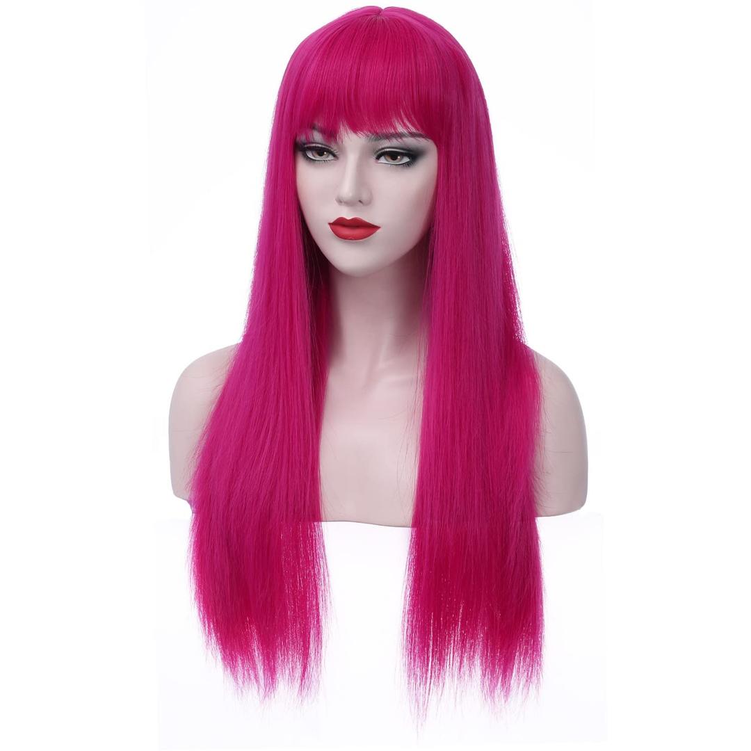 Hot Pink Wig Long Straight Pink Wigs with Bangs for Women Girls Heat Resistant Synthetic Hair Cosplay Costume Wigs