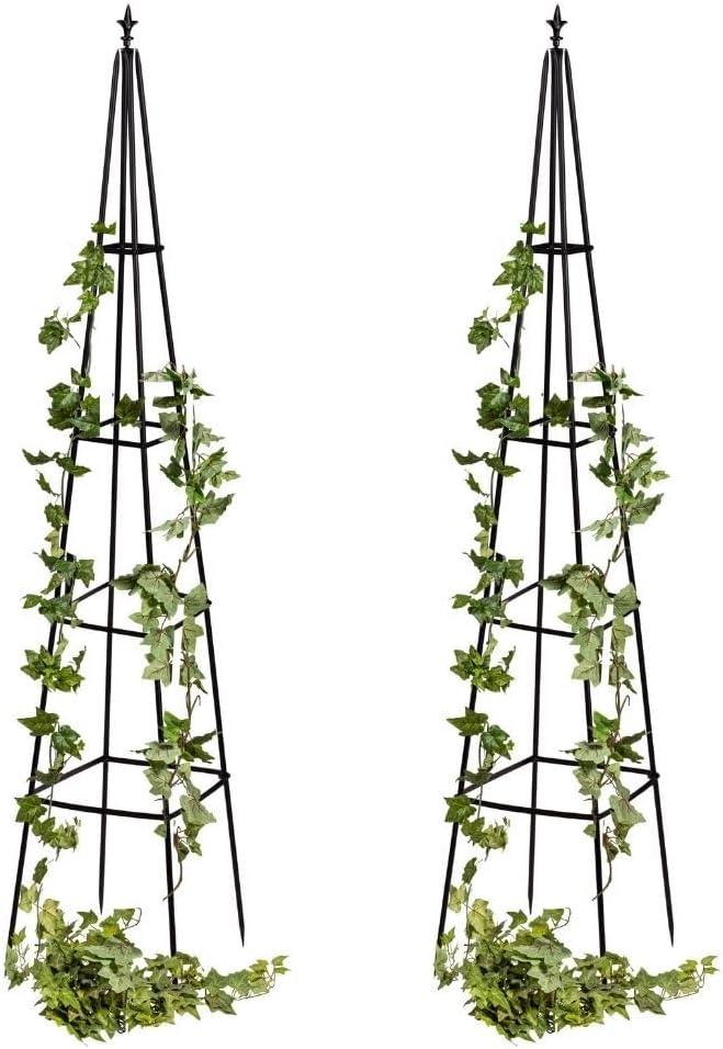 Evergreen Metal Garden Obelisk Trellis for Climbing Plants Outdoor, Indoor Plant Trellis for Potted Plants, Floral Pattern Arch Trellis (Black, 6 ft. Pyramid, Set of 2)