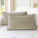 CaliTime Throw Pillow Covers Decorative 20 X 12 Inches Pack of 2 Cozy Solid Dyed Soft Chenille Cushion Cases with Pom Poms for Couch Sofa Bed Living Room Home Taupe