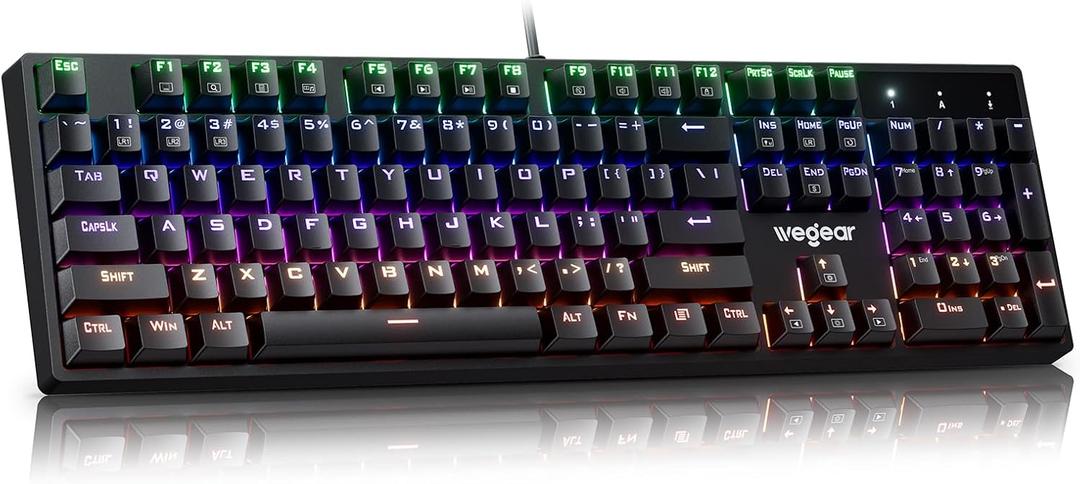 wegear Mechanical Gaming Keyboard with Blue Switch, 104-Key Full Size RGB Backlit Wired Keyboard11 Modes, Anti-Ghosting, Double-Shot ABS Keycaps, Lighted Computer Key-Board for PC Windows-Black