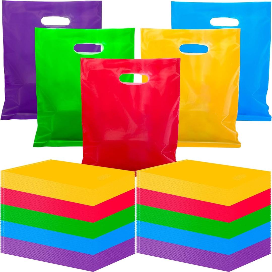 Harloon 500 Pcs Merchandise Shopping Bags Bulk for Business 1.5 Mil 9 x 12 Inch Thick Plastic Retail Boutique Bag for Party Favor Gift(Purple, Red, Yellow, Green, Blue)