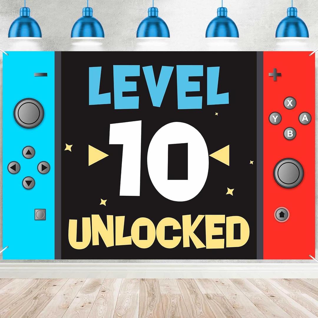Level 10th Unlocked Happy 10th Birthday Level Up Banner Backdrop Background Photo Booth Props Video Game Youth Theme Decor for Boys Girls 10th Birthday Party Baby Shower Favors Supplies Decorations