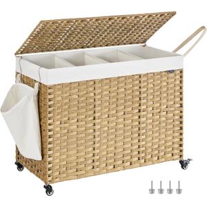 SONGMICS Rolling Laundry Hamper with Lid, 210 L 4-Section Synthetic Rattan