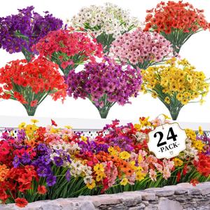 24 Bundles Artificial Flowers for Outdoors/Indoors, Fake Flowers Plants for Indoor Outside Garden Porch Window Box Home Wedding Farmhouse(8 Color)