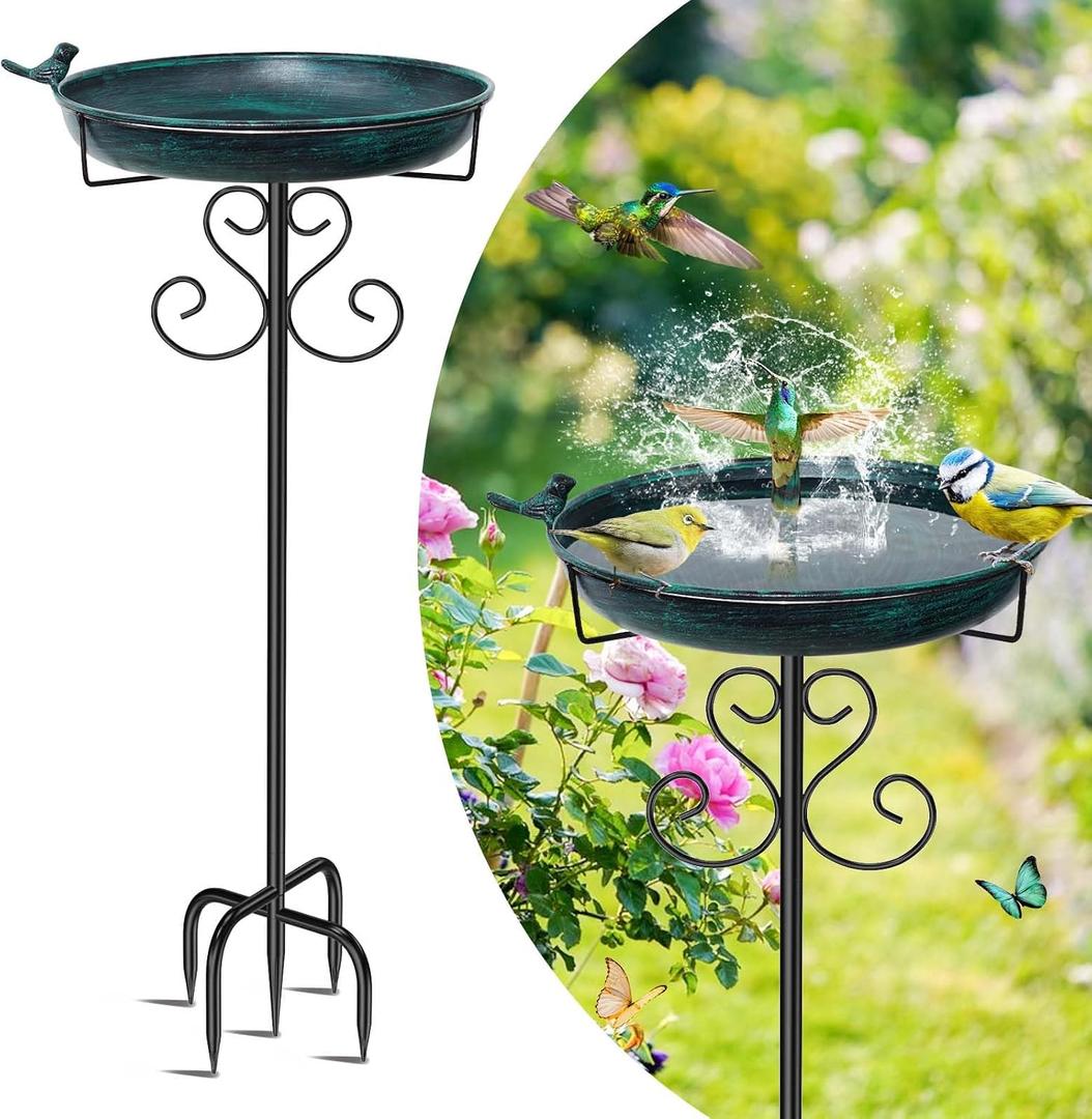 Metal Bird Bath for Outdoors, Vintage Freestanding Birdbaths with Bird Statue 12" Detachable Birdfeeder Bowl with 5- Pronged Base for Outside Garden Patio Yard Lawn Decor (Vintage Green)