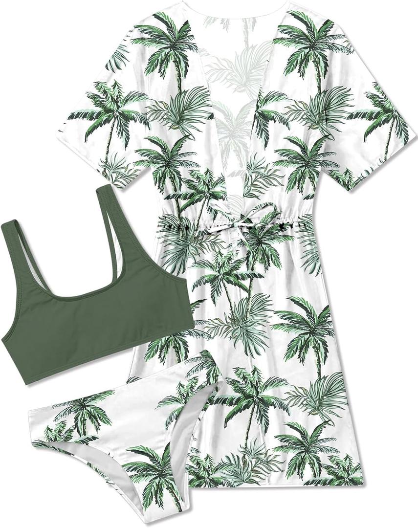 AIDEAONE 5-16T Girls Bathing Suit 3 Piece Swimsuit Drawstring Quick Dry Tankini with Cover Ups (9-10 Years, Green Hawaii)
