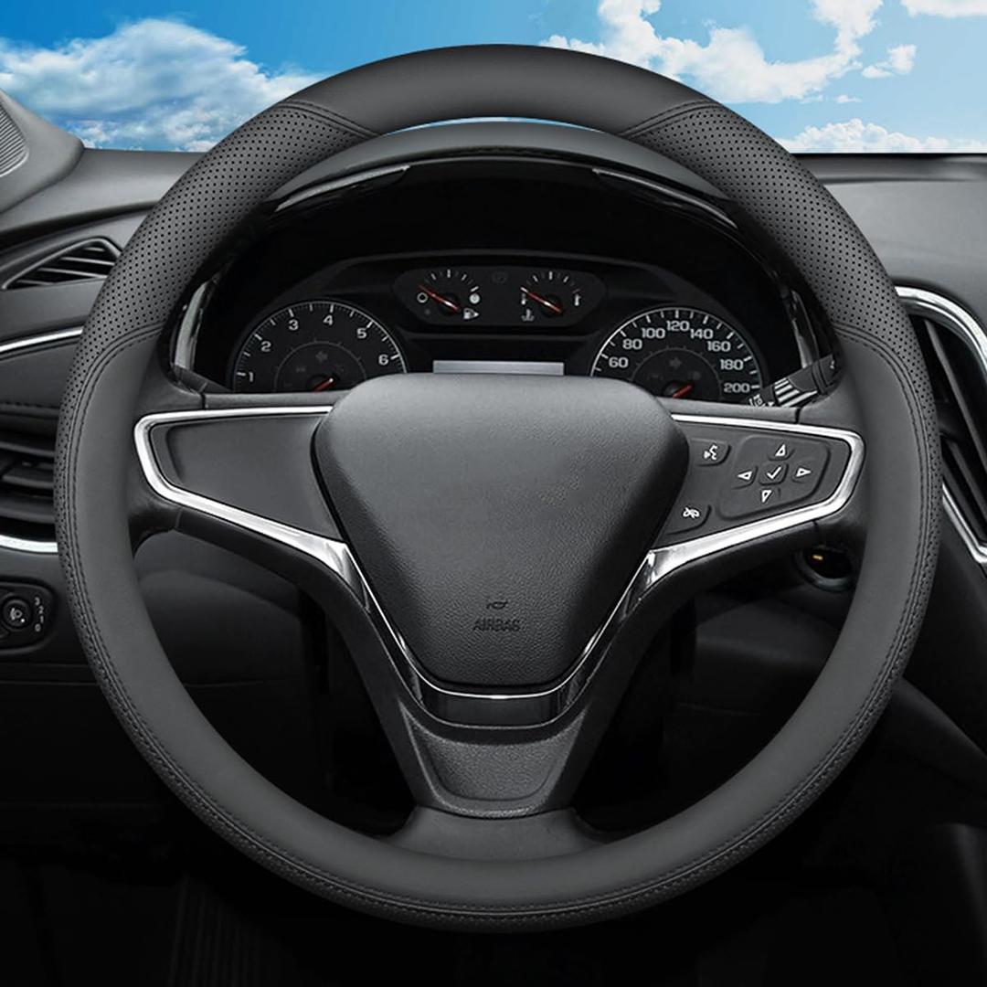 Steering Wheel Cover for Chevy Chevrolet Silverado 1500 2500 HD 3500HD Equinox Malibu Colorado Cruze Impala Traverse Spark Tahoe Trax Car Truck Accessories, 2025 Black Leather 14.5-15 inch