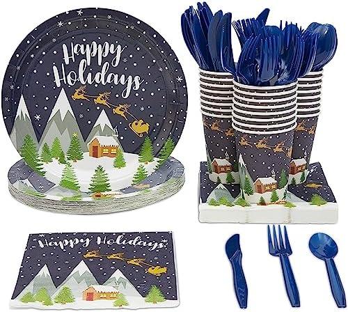 Serves 24 Christmas Happy Holidays Party Supplies & Table Decorations for Xmas, Festive Snowing Paper Plates, Napkins, Cups & Cutlery