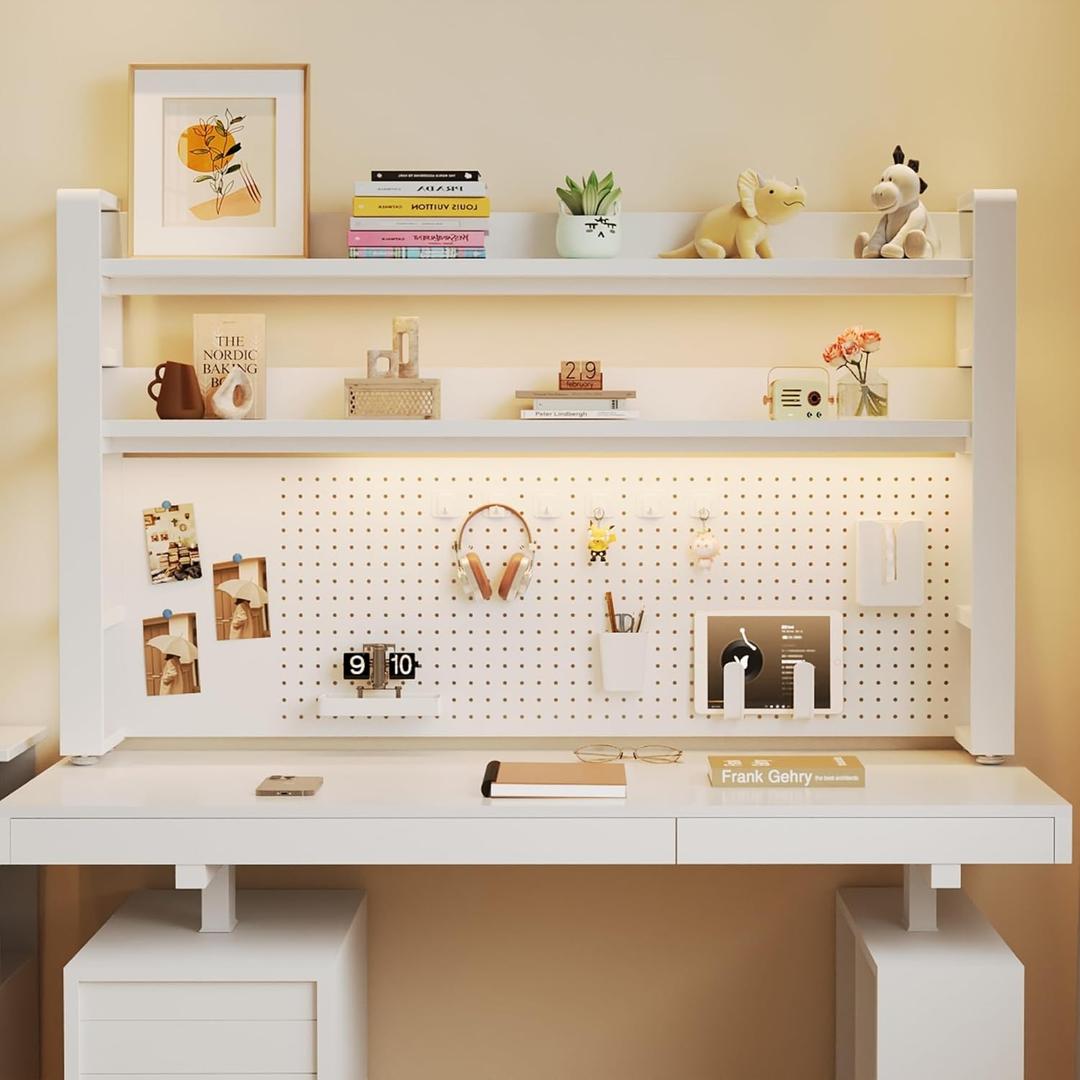 Desktop Hutch Bookshelf, 2-Tier Metal Desk Shelf for Top of Desk | Heavy Duty Countertop Organizer Rack with Peg Board & Accessories Space-Saving Storage for Dorm, Office & Home, 37.4"