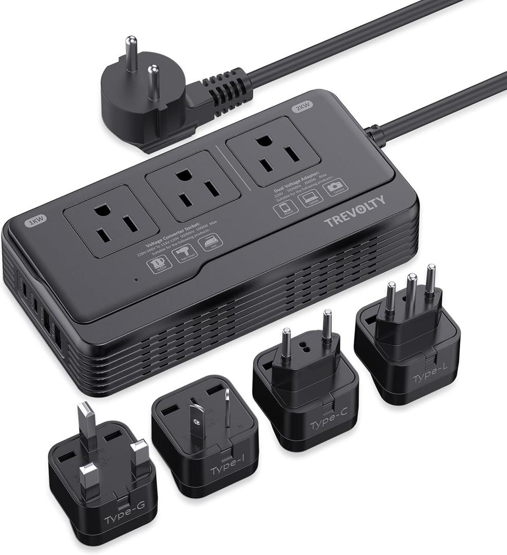 2000W Voltage Converter US to Europe - 7-in-1 Power Converter Adapter Combo with EU/UK/IT/AU Plugs, 220V to 110V Converter with 3 AC Outlets, 2 USB & 2 Type-C Ports for Travel
