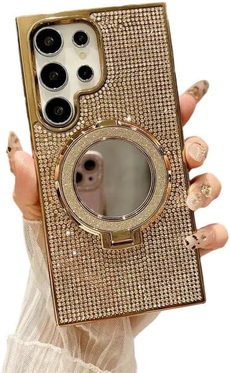 Caseative for Samsung Galaxy S24 Ultra Case,Glitter Bling Sparkle Diamond Mirror with Stand Holder Magnetic Compatible with MagSafe (Gold,S24 Ultra)