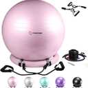 Exercise Ball Chair with Resistance Bands, Yoga Ball Office Chair with Stability Base for Home Gym, Workout Ball for Fitness, Large Size 65 cm (Pink)