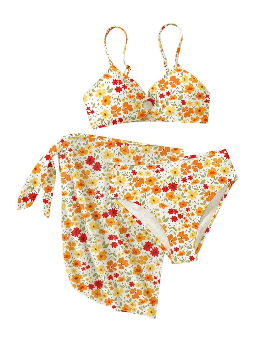 RoseSeek Girl's 3 Piece Bikini Set Floral Leopard O-Ring Swimsuit Beachwear (Yellow)