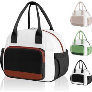 Stylish Color-blocked Lunch Bag for Women, Leakproof Lunch Box for Adult Girls, Large Capacity Reusable Lunch Box for Work Picnic Travel (Black with Off White with Brown)