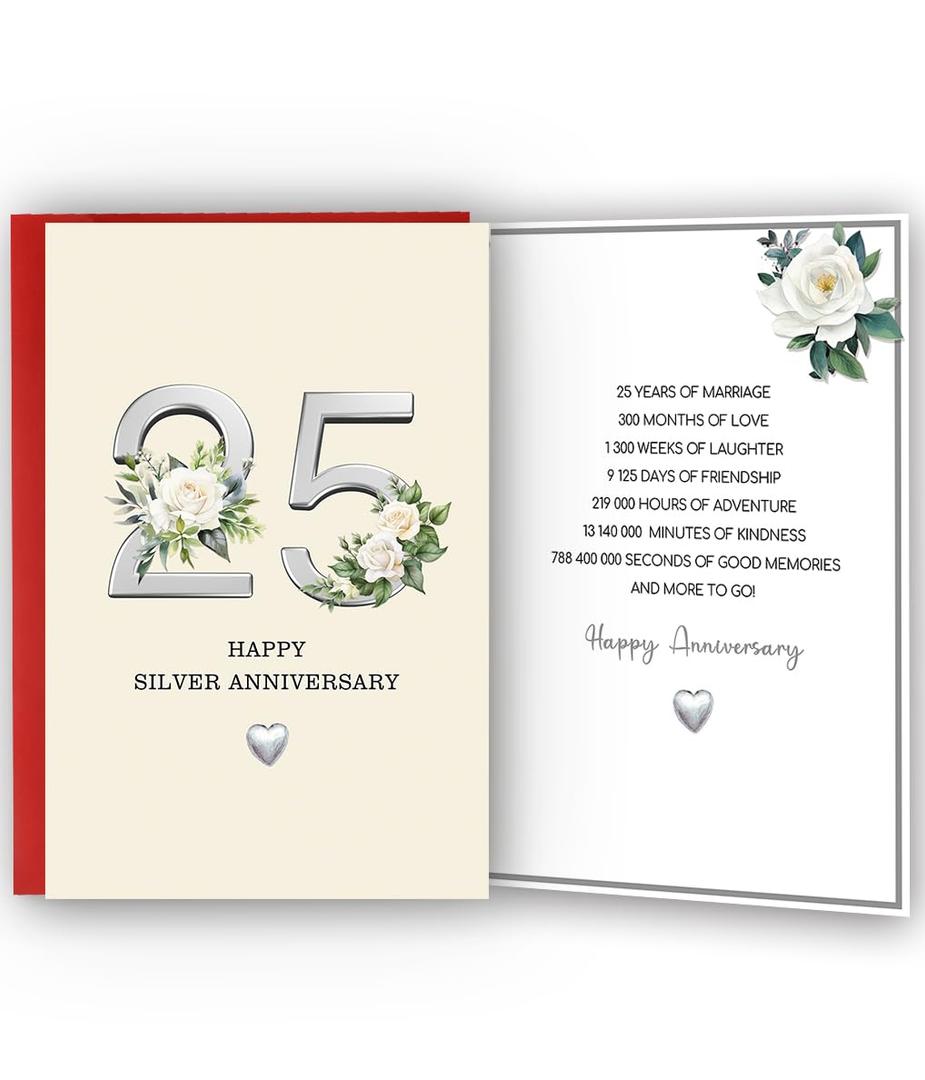 25 Year Anniversary Card,25 Year Anniversary Card Gifts,25th Wedding Anniversary Day Gifts,Happy Silver Anniversary,8x5.3 Inches,Double-Sided (BT-066)