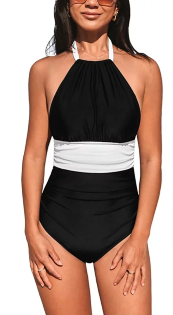 CUPSHE Women's Tankini Sets Halter Neck Self Tie Two Piece Swimsuit Adjustable Strappy Color Block Ruched Swimwear Size M