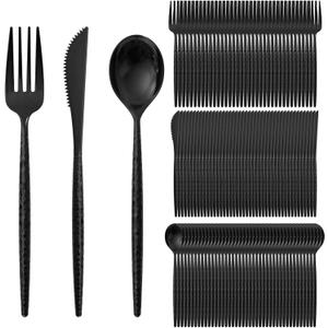 Supernal 360Pcs Black Plastic Silverware Heavy Duty Disposable Cutlery with Hammered Design,Black Utensils Set Include 120 Knives,120 Forks and 120 Spoons Suitable for Party,Anniversary&Halloween