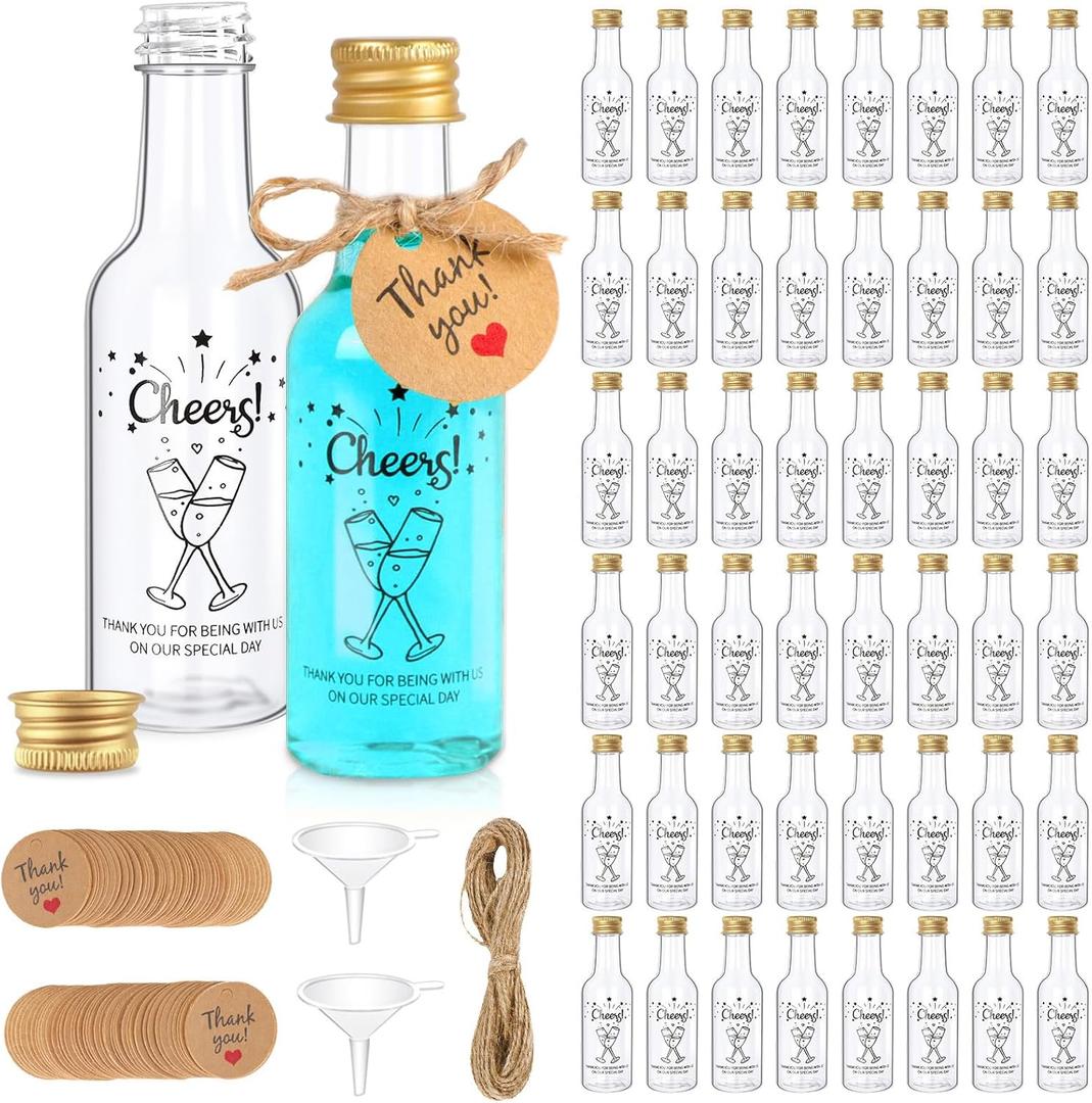 OurWarm 50 Pack Mini Liquor Bottles, 1.7oz/50ml Mini Shot Bottles with Gold Screw Caps Funnels Tags & Twines, Empty Bottles for Juice Alcohol Homemade Liquor Birthday Wedding DIY Party Favors